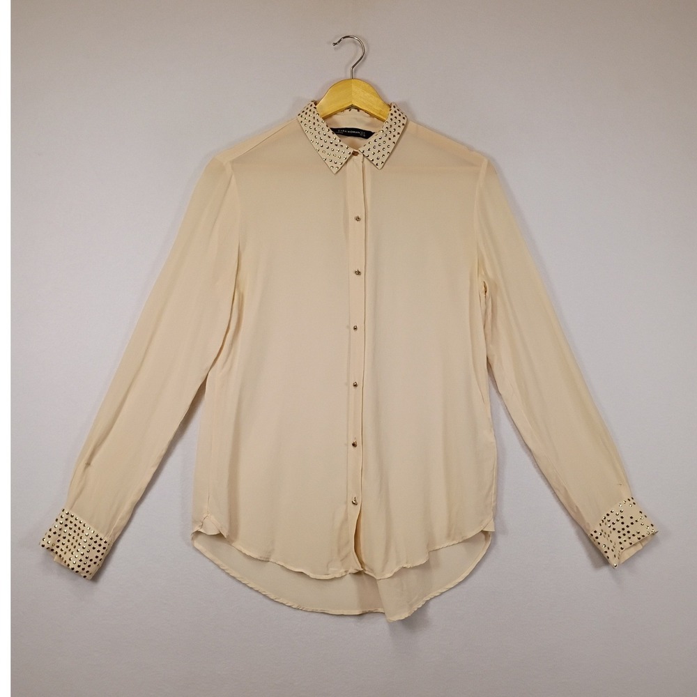 Studded Zara Woman Medium Cream 100% Mulberry Silk Button Down Blouse Top
